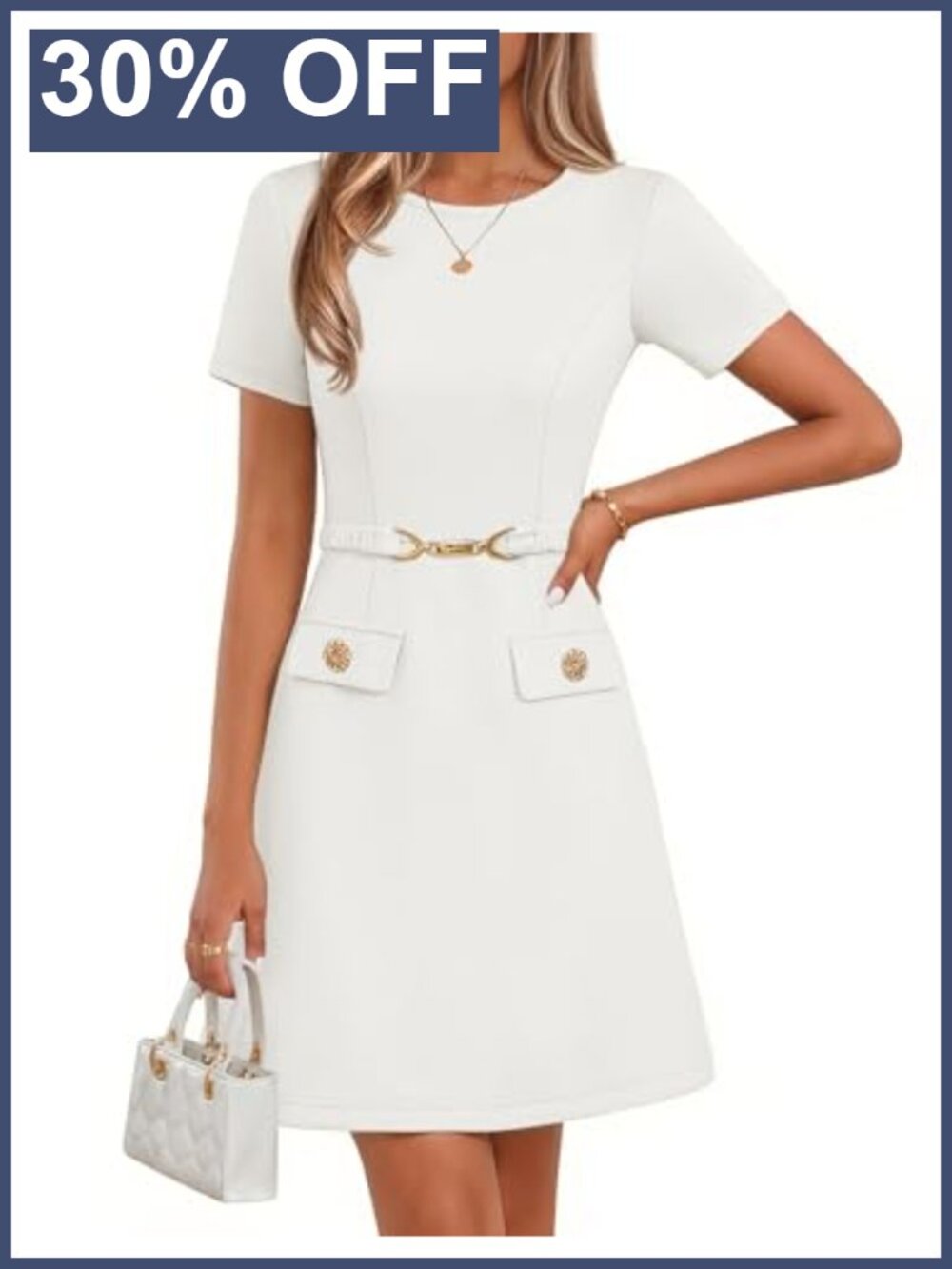 Women Business Casual A-Line Mini Dress with Belt Office Work